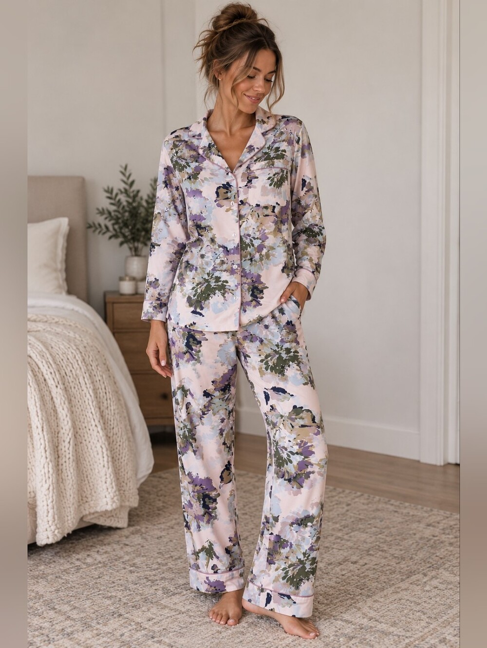 Soft Surroundings Floral Pajama Set PM Cotton Modal Pink Purple PJs